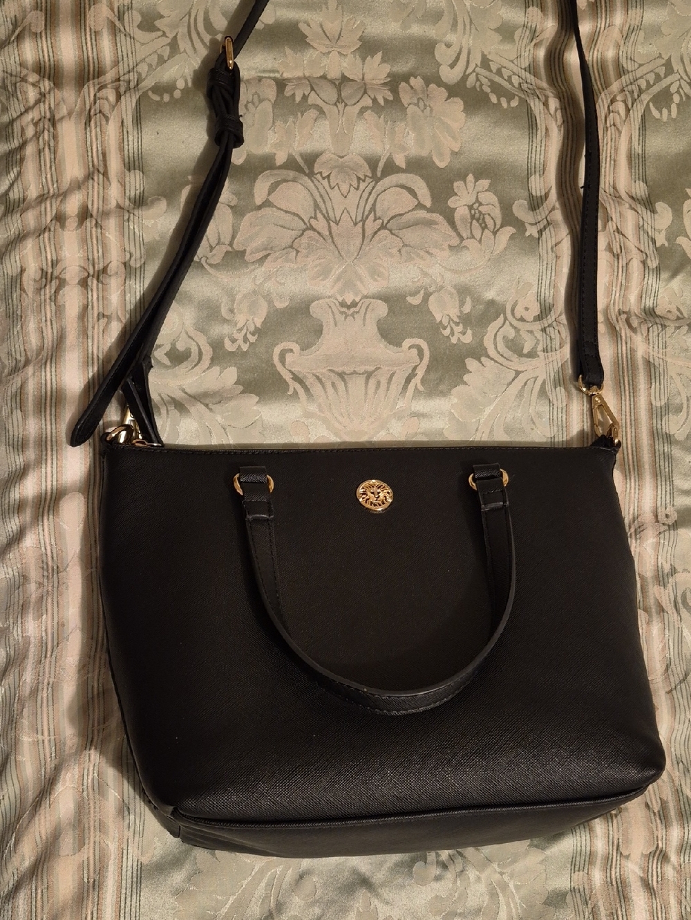 Anne Klein Black Leather Shoulder Bag with Gold-Tone Emblem